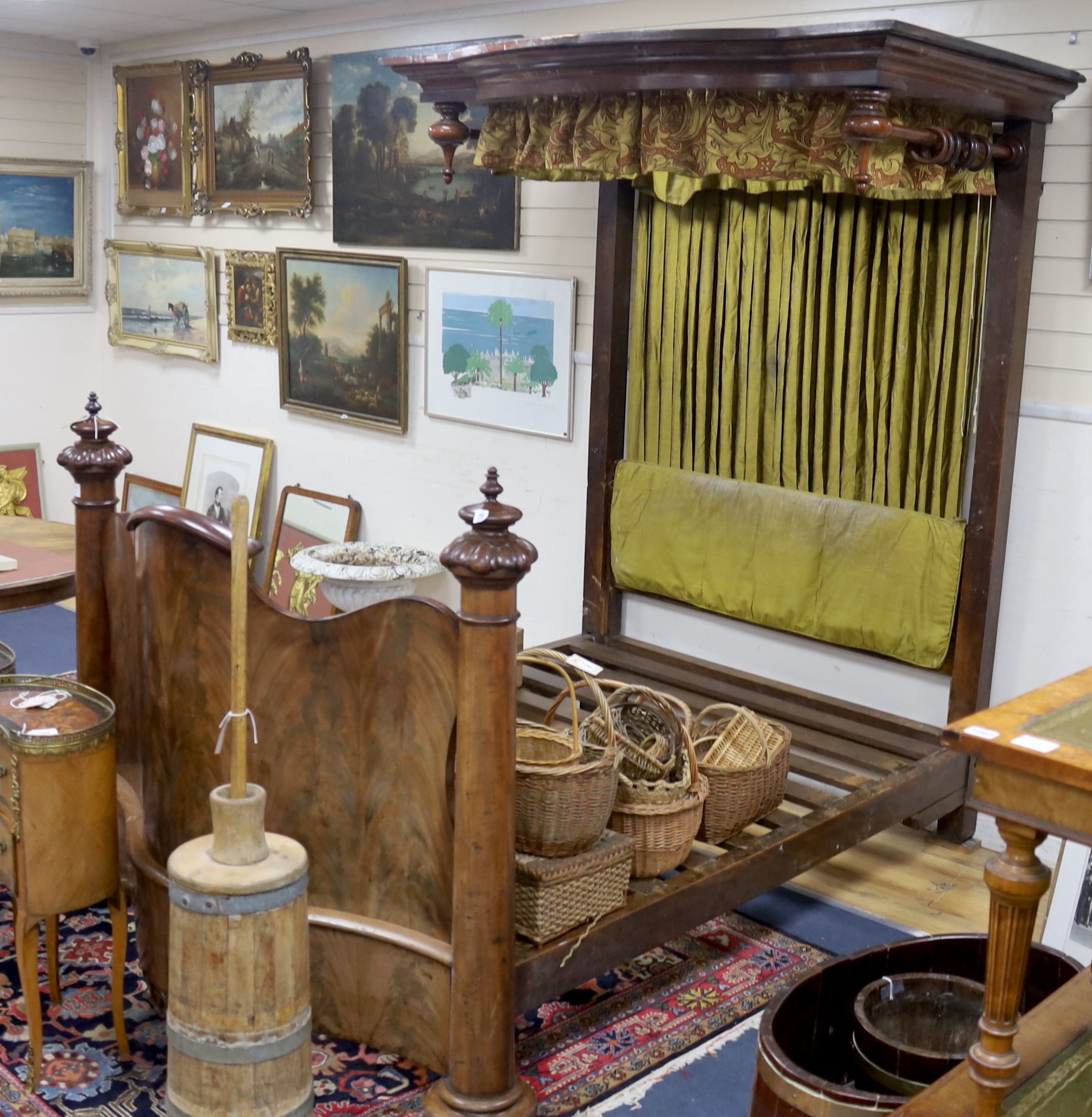 A Victorian mahogany half tester bed, length 220cm, width 150cm, height 223cm